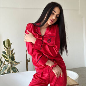 Kadın Kırmızı Saten Biyeli Pijama Takımı