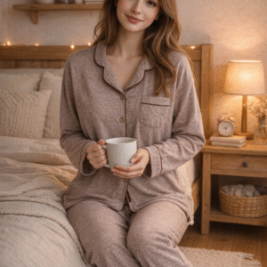 Kadın Düğmeli Uzun Kollu Pijama Takımı – Vizon